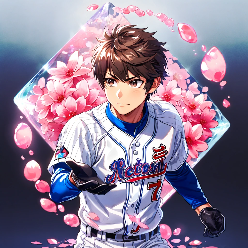 absurdres, highres, ultra detailed, HDR, master piece, best quality, Sawamura Eijun, brown hair, expressive brown eyes, diamond no ace, solo, sexy man, handsome, white baseball uniform, black gloves, magical, fantasy, shining, pink flowers, pink blossoms, pink butterflies, pink petals, water