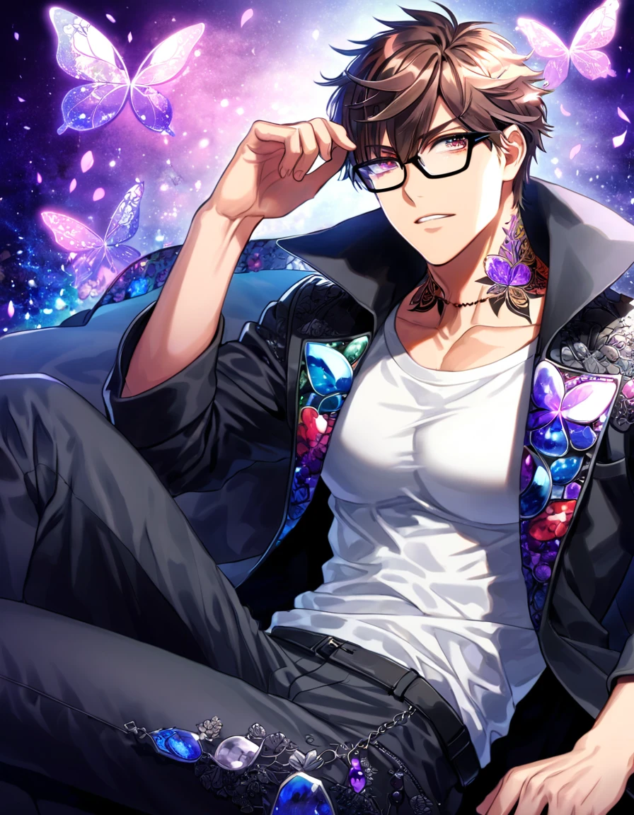 Ultra detailed, Highres, absurdres, HDR, Miyuki Kazuya, brown hair, expressive amber eyes, black glasses, black coat with patterns, Diamond No Ace, white shirt, fantasy, glittering purple butterflies, petals, handsome, sexy man, solo, very detailed eyes and face, master piece, toned chest, glittering, purple flowers, sitting, tattoo on his neck, black pants, purple background, fantasy, magical