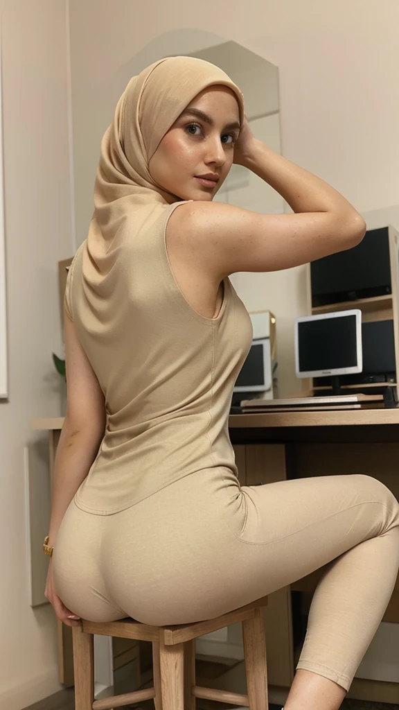 25 years old, light khaki hijab, pale skin, skinny, cleavage, openlegs, tight pant, stool, teasing, hand on head, sleeveless, luxury dress, view from side back, office, late night