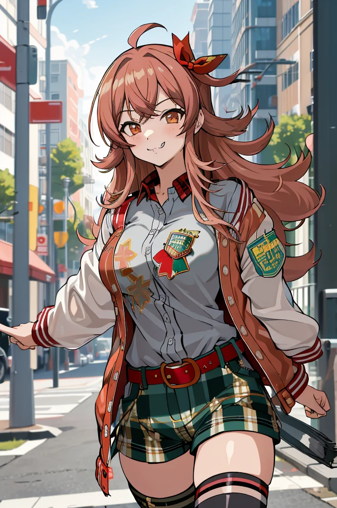 masterpiece, best quality, highres, aakaho, long hair, ahoge, hair ribbon, red ribbon, letterman jacket, long sleeves, armband, open jacket, collared shirt, grey shirt, red belt, green shorts, plaid, black thighhighs, street, walking, cowboy shot. :p,''(((gyaru))),big breasts,smirk