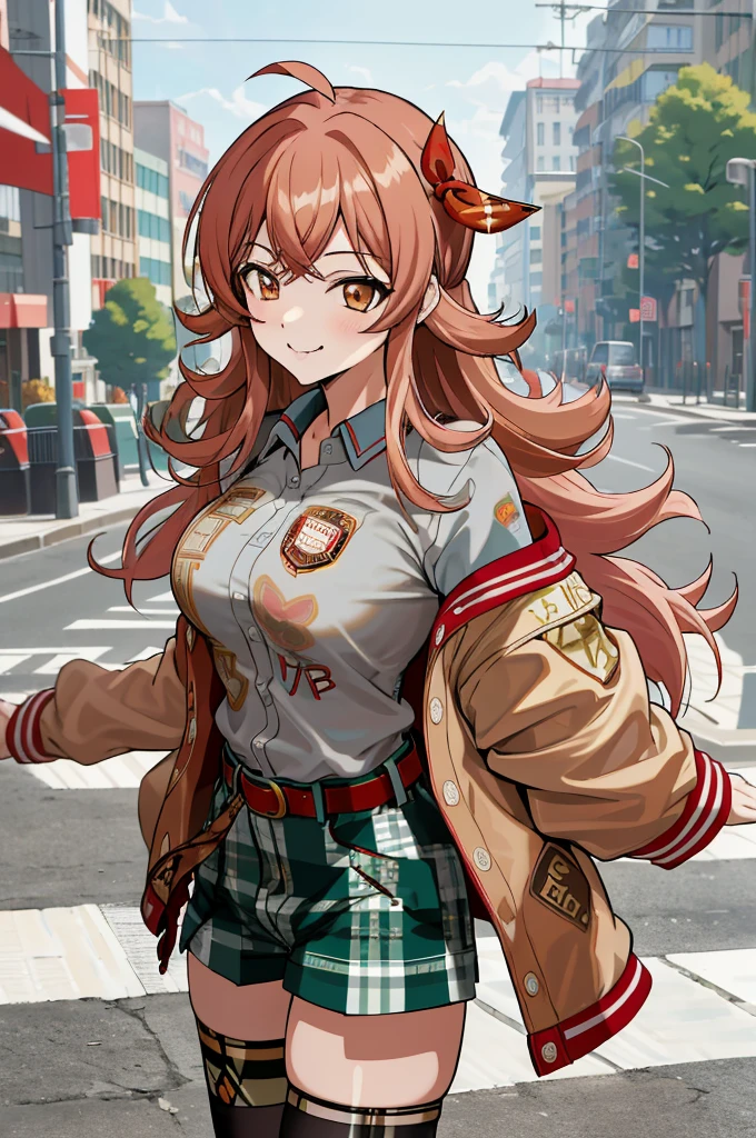 masterpiece, best quality, highres, aakaho, long hair, ahoge, hair ribbon, red ribbon, letterman jacket, long sleeves, armband, open jacket, collared shirt, grey shirt, red belt, green shorts, plaid, black thighhighs, street, walking, cowboy shot. :p,''(((gyaru))),big breasts,smirk