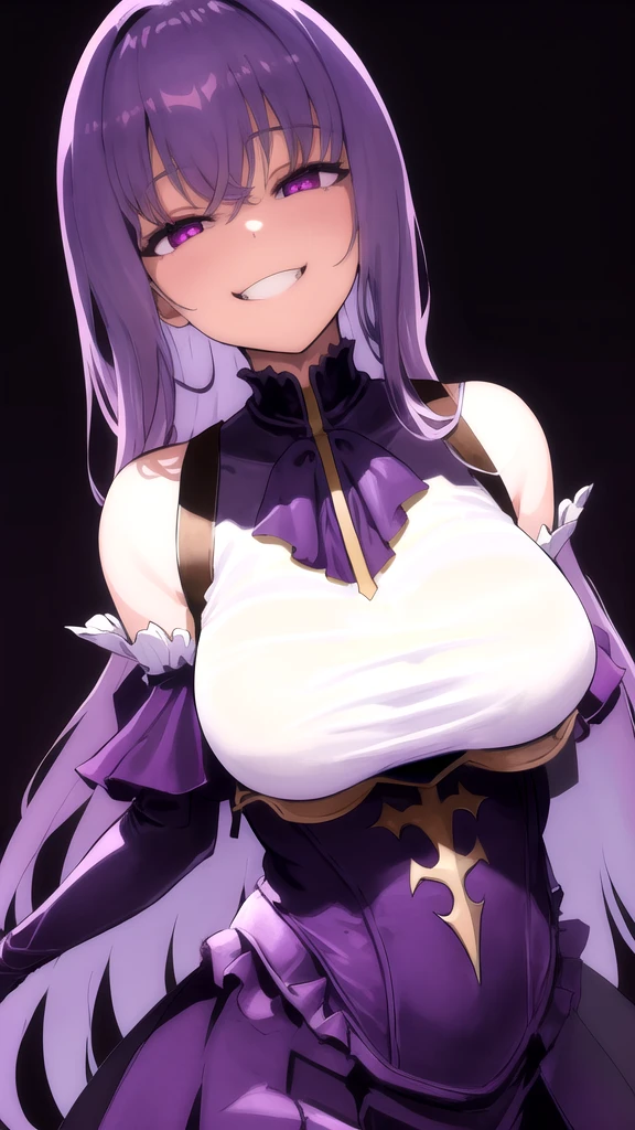 masterpiece, Highest quality,Super detailed,One girl ,indoor,Akane S, Upper Body, Wet,Dutch Angle,,too evil smile,smile worst,looking down at viewer,laugh worst,evil laugh,deep shaded face,laugh face,big monster ,dark purple background,