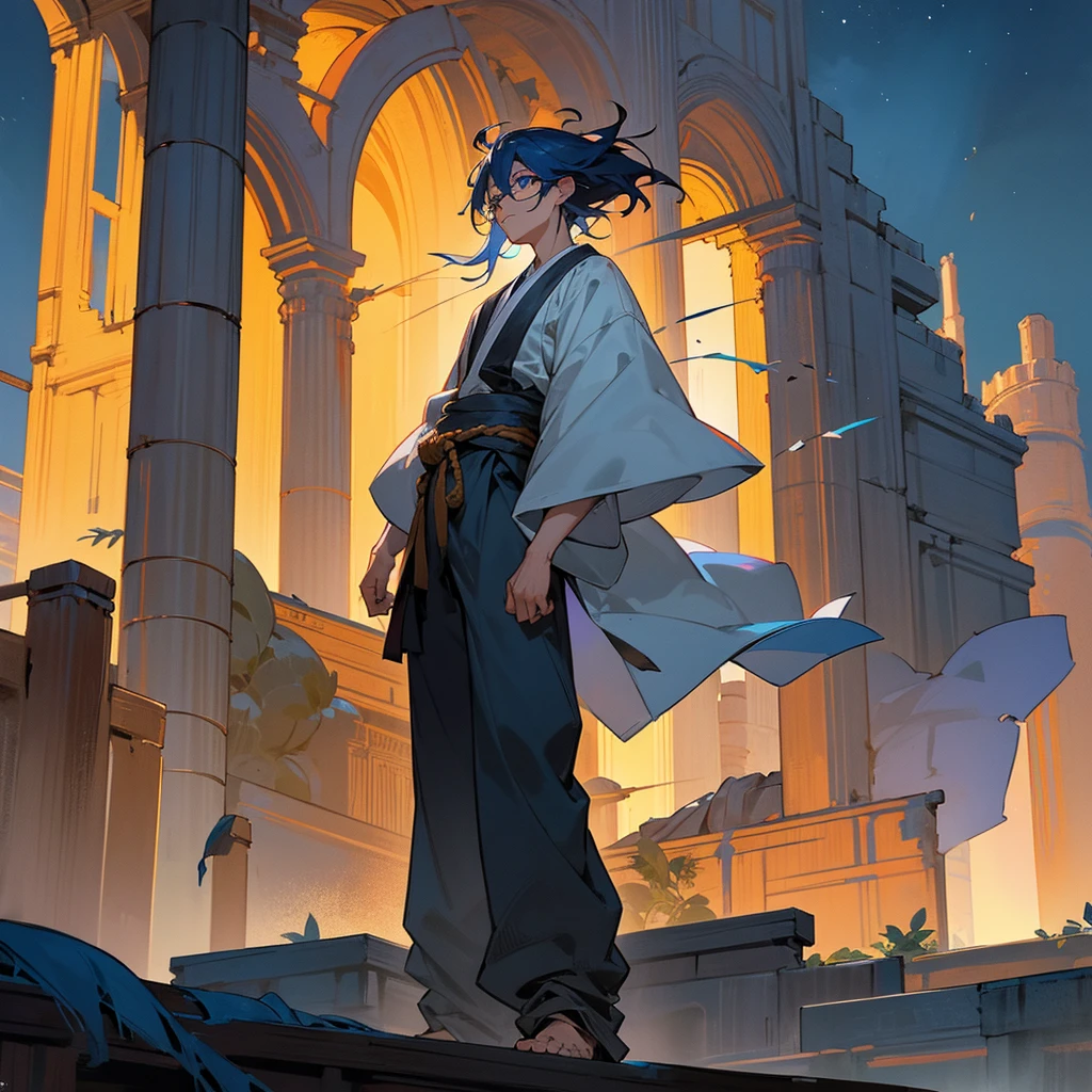 1male, adult, finely detailed blue eyes, wild medium hair, saffron hair color, loose haori, baggy pants, standing on ruined building, night time, somber expression, muscular, scars, glasses