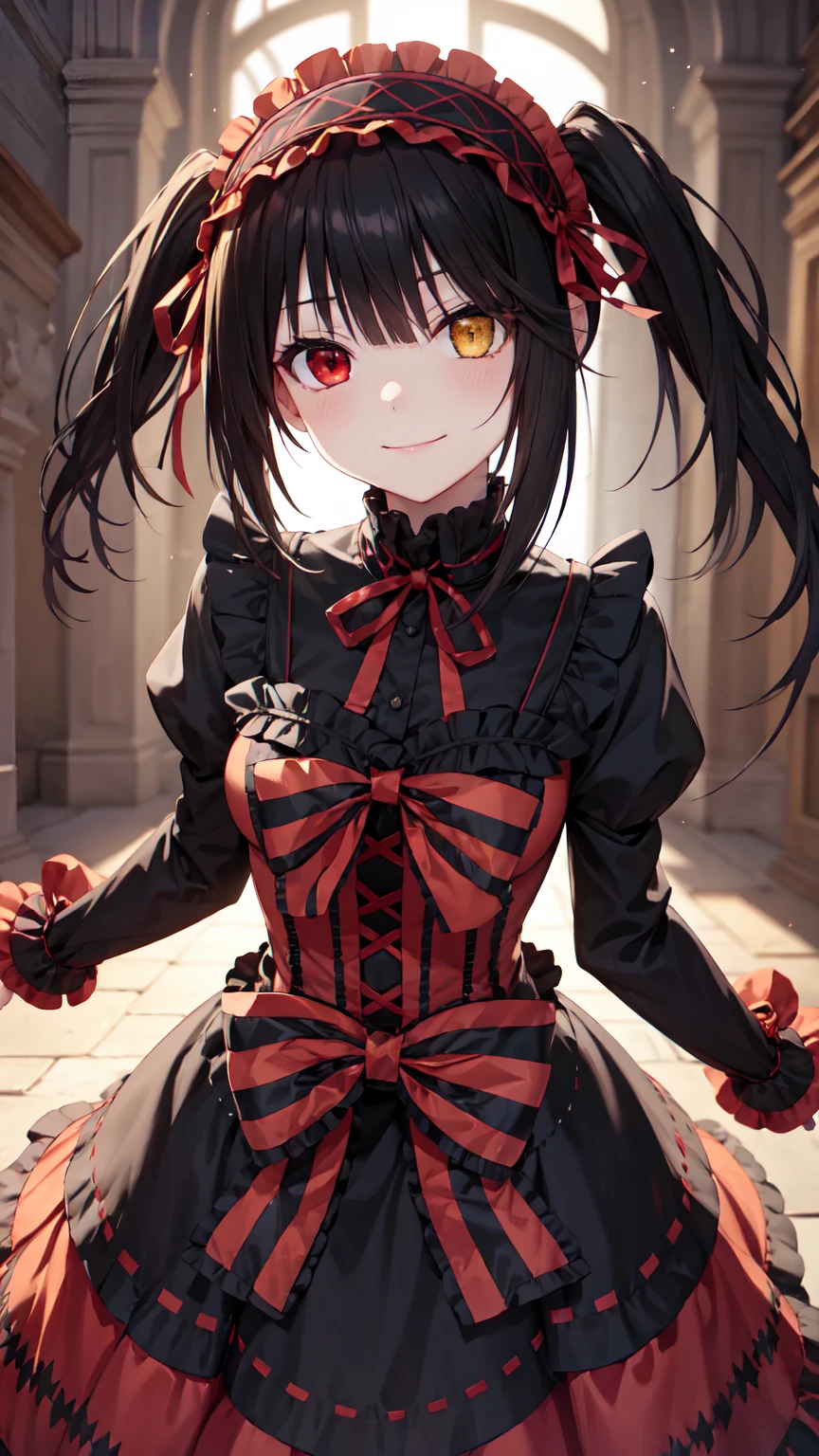 masterpiece, The best quality、street、Put your arms behind your back、Black Hair, Long twin tails bunches, (Yellow eyes:1.2), Heterochromia iridum, (Red Eyes:1.2),Tokisaki Kurumi、Smile,Gothic Lolita Clothing Accessories、victorian maid tiara、Black Ribbon、Shut up、Gothic Lolita Clothing Accessories