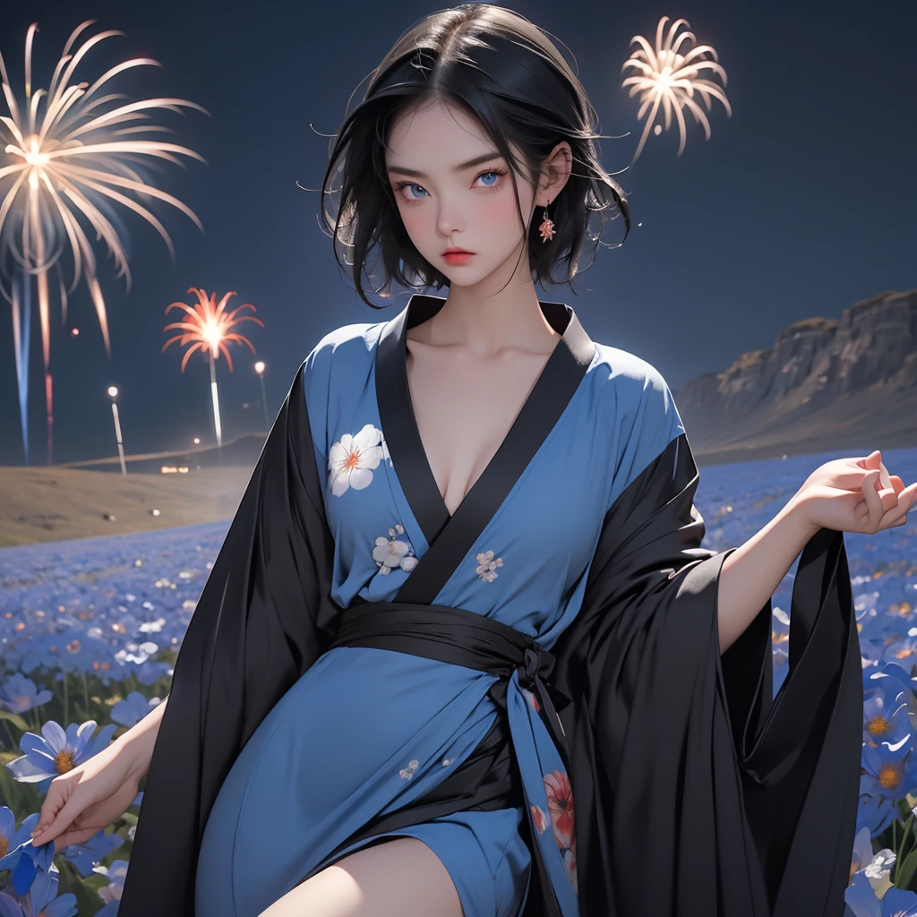 1girl, short black hair, blue eyes, wearing sexy black kimono dress, watching fireworks in the middle of a vast blue flower field, night, angry face, close up, 8K, Hi-Res