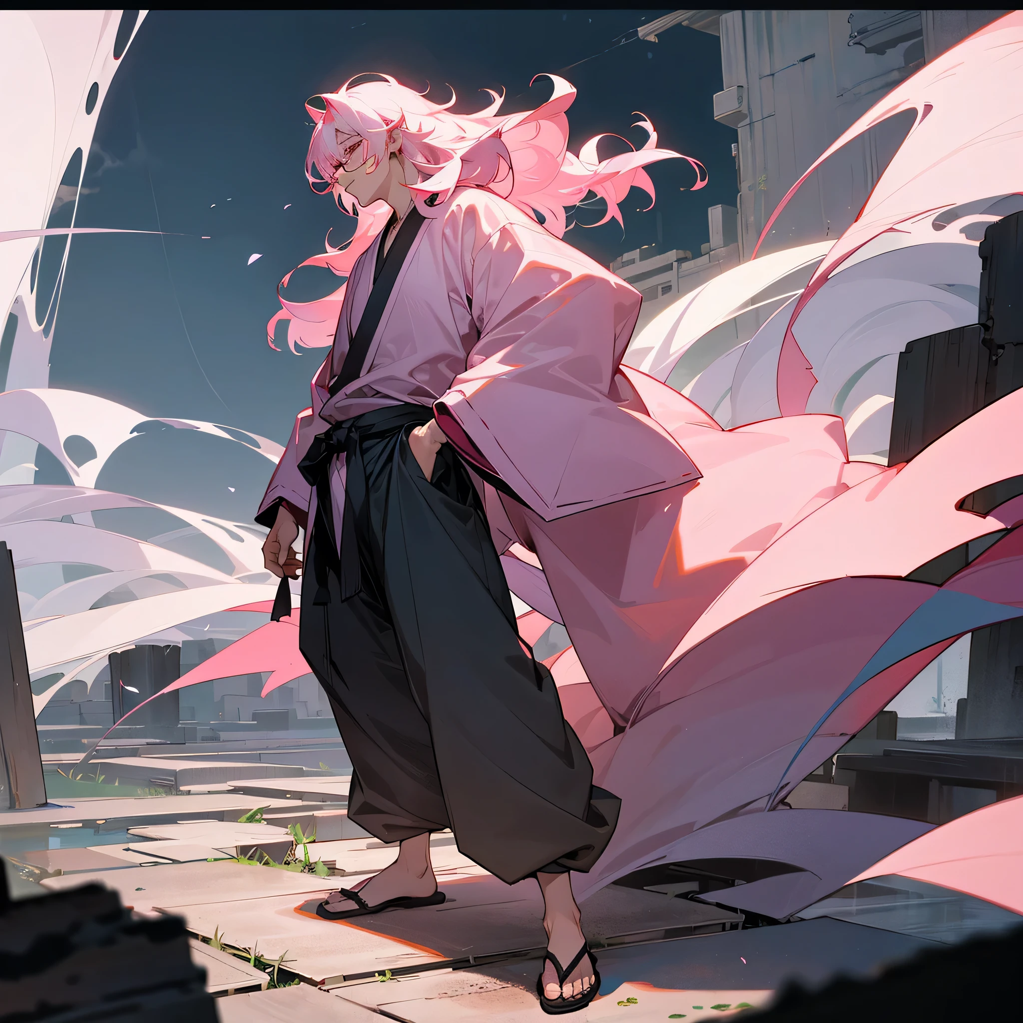 1male, adult, closed eyes, wild medium hair, rose quartz hair color, loose haori, baggy pants, standing on ruined building, night time, somber expression, muscular, scars, glasses