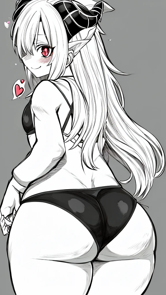 White hair, red eyes, hoodie, hood, bikini bottom, micro bikini, smile, cute smile, lusty smile, shy, blush, blushing, dark skin, thighs, thick thighs, big ass, red hearts, heart pupils, ass focus, demon horns, back view, looking back at viewer, holding own ass, grabbing own ass, anime, lineart, manga like, black and white, spreading ass cheeks,