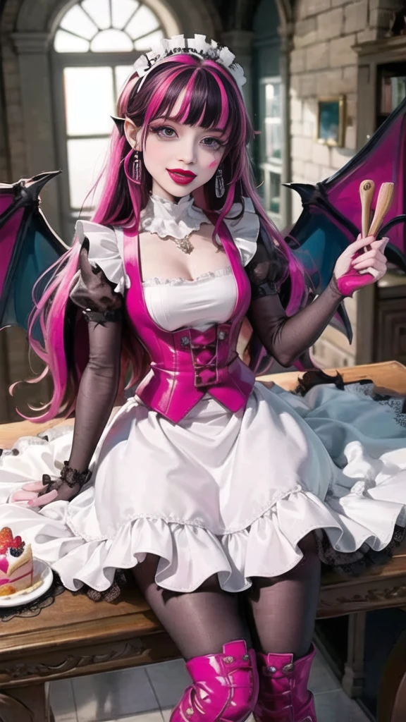 1 girl, a girl with bat wings, holding a pastry brush, succubus, bakery, a cake on focus, cake with strawberrys and red roses, bat choker, necklace, centered, bat jewelry, medieval castle scenery, Pink bat Jewelry, smile, vampire fangs, (looking at viewer), Draculaura_MH, wavy hair, Alone, half black hair, half pink hair, multicolored hair, long hair, braided hair, gothic scenery, medieval style, maid dress, white apron, maid apron, maid headdress, white skirt, pink knee boots, smiling, in kitchen, kitchen, black lanterns, stand up close to window, depth of field, film composition, ((high quality)), ((artwork)), (More details), maid dress, black maid headdress, black maid apron, bat wings, white dress, black dress with transparency, pink laces, pink gloves, black high socks , boots of high hills, bat jewel, jewel, sit on the grass, dark red roses in focus, Draculaura_(school of monsters), school of monsters, Looking at the viewer, More details on the clothes,