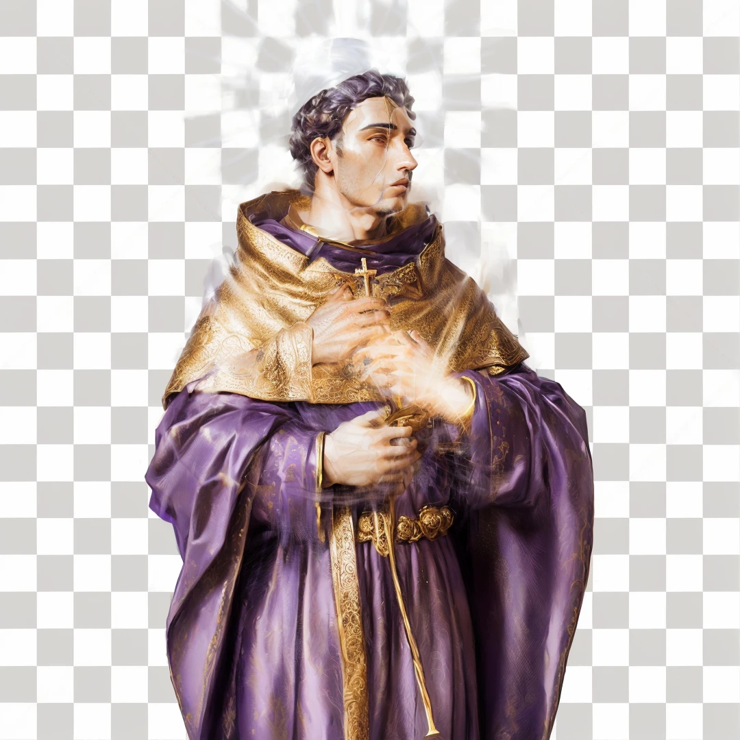 a close-up of a statue of a man in a purple robe, portrait of saint of the well, retrato do santo padre, png descompactado, catholic icon, roman catholic icon, fundo removido, saint of the well, em fundo claro, lindo santo de ouro, imagem de alta qualidade, Christian saint, retrato gracioso santo, vestindo vestes marrons, desenhado com photoshop