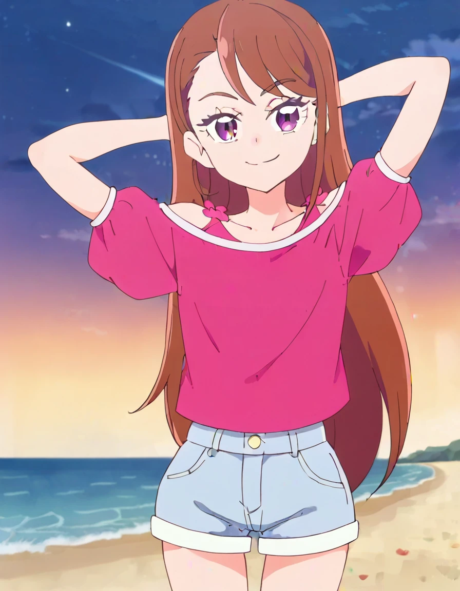 hijiri ageha, brown hair, long hair, purple eyes,
pink shirt, off-shoulder shirt, puffy short sleeves, denim shorts, high quality, solo, 1girl, night sky, beach, arms behind head, (contrapposto), closed mouth, spread armpits, (cowboy shot:1.5), looking at viewer, smile, best quality, smirk,