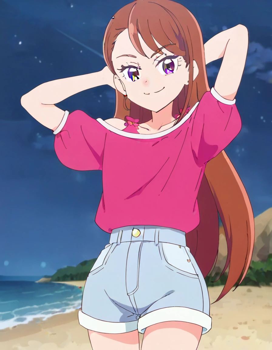 hijiri ageha, brown hair, long hair, purple eyes,
pink shirt, off-shoulder shirt, puffy short sleeves, denim shorts, high quality, solo, 1girl, night sky, beach, arms behind head, (contrapposto), closed mouth, spread armpits, (cowboy shot:1.5), looking at viewer, smile, best quality, smirk,