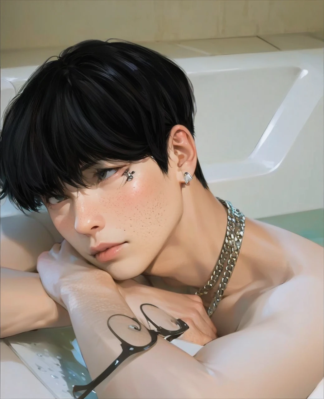 Asian boy leaning out of bathtub