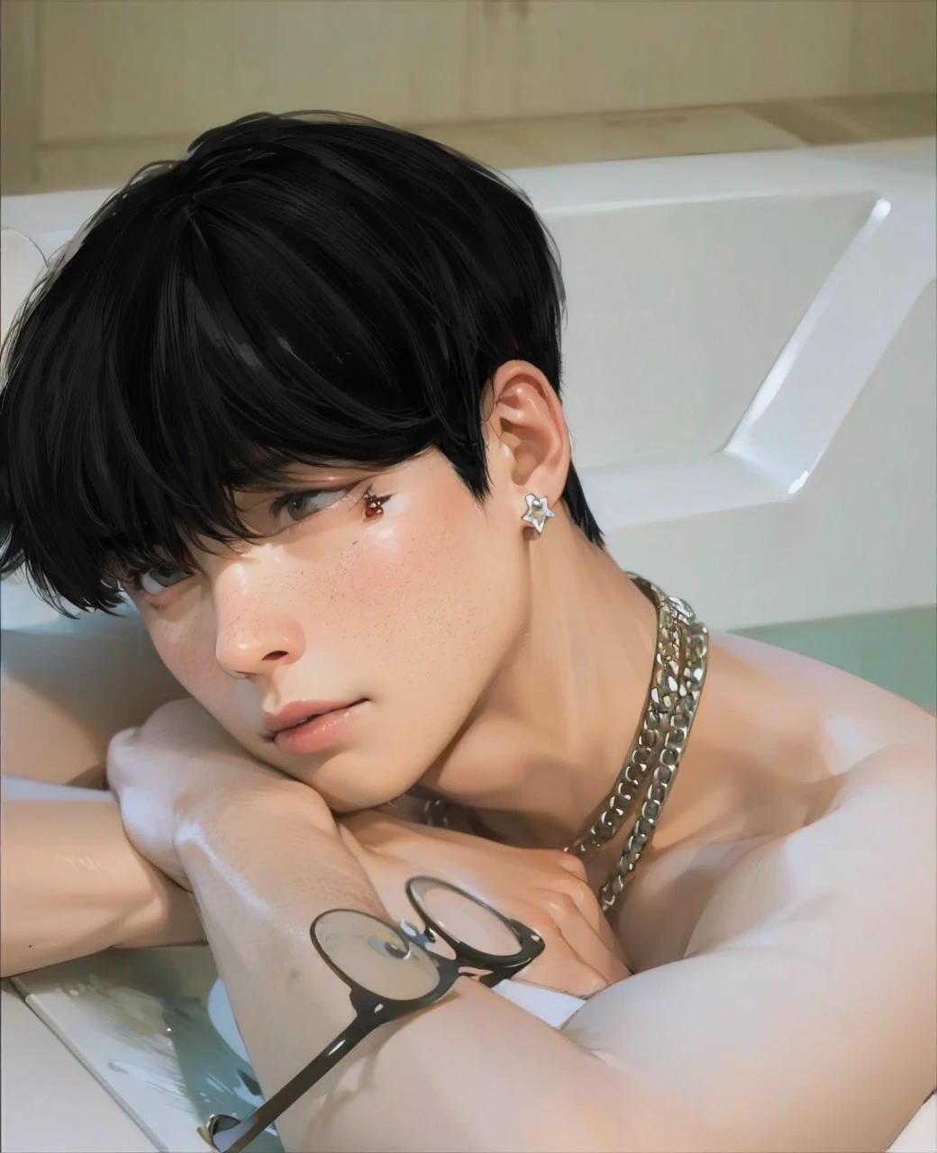 Asian boy leaning out of bathtub