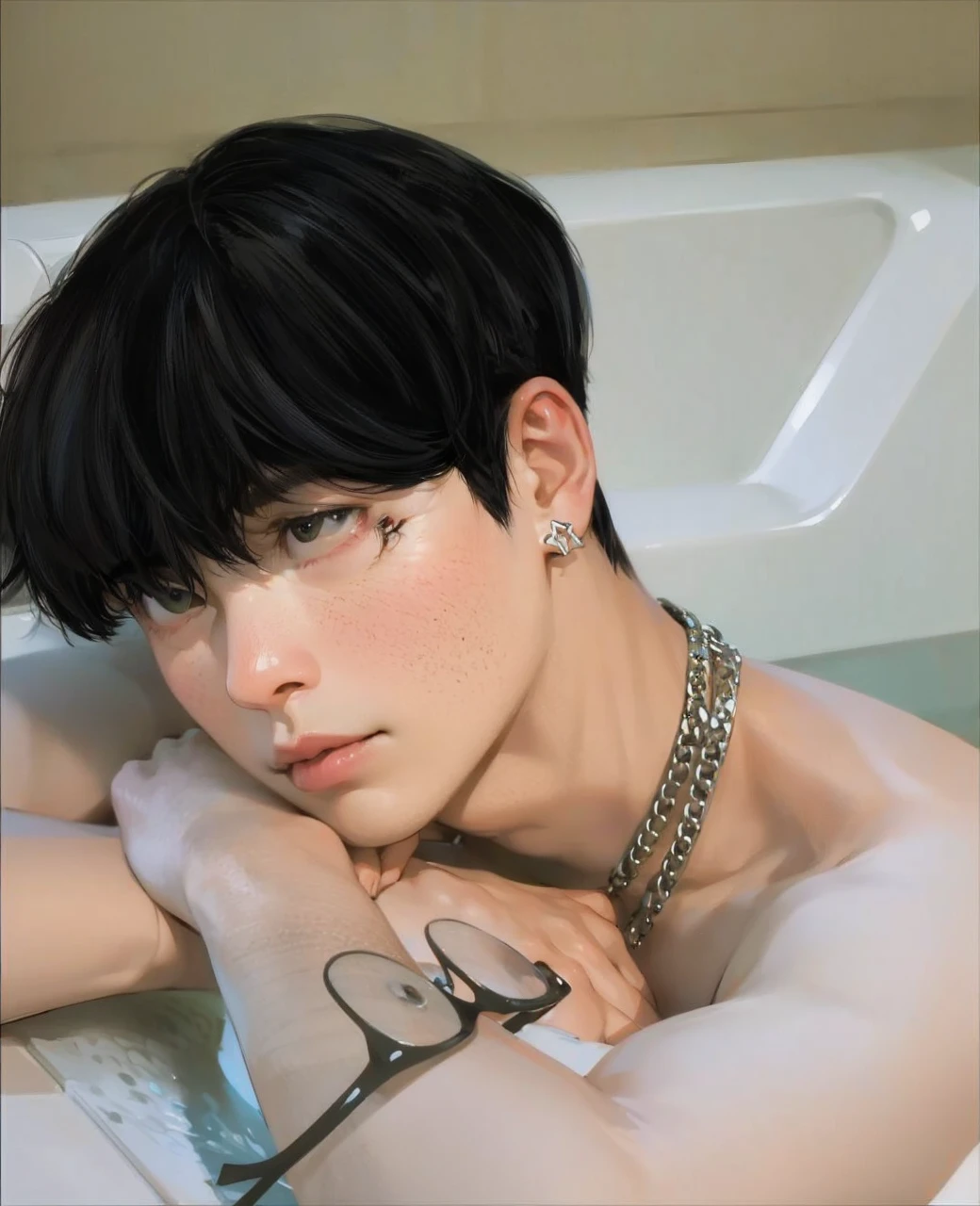 Asian boy leaning out of bathtub