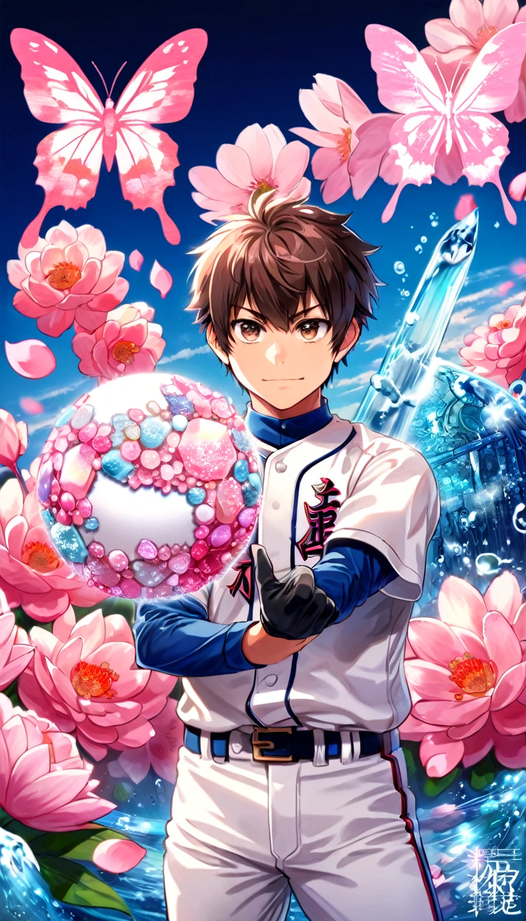 absurdres, highres, ultra detailed, HDR, master piece, best quality, Sawamura Eijun, brown hair, expressive brown eyes, diamond no ace, solo, sexy man, handsome, white baseball uniform, black gloves, magical, fantasy, shining, pink flowers, pink blossoms, pink butterflies, pink petals, water