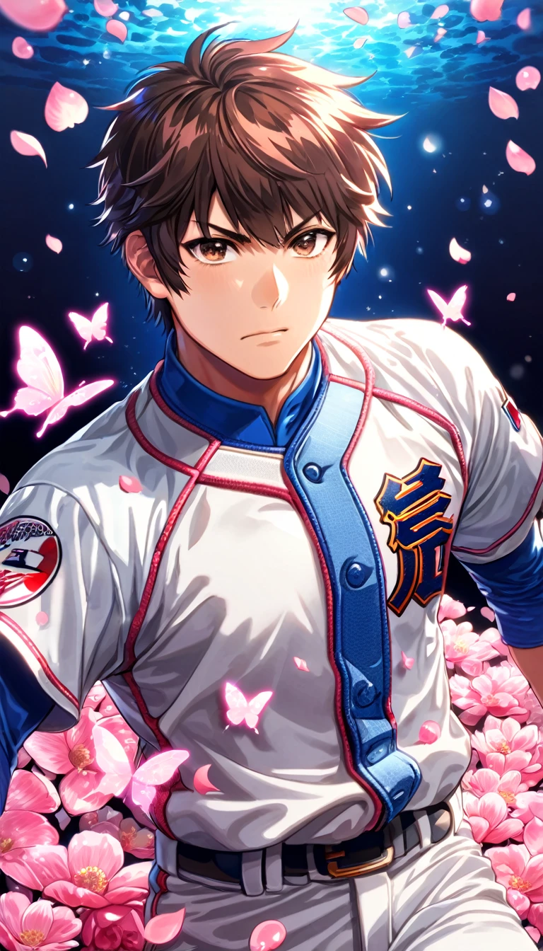 absurdres, highres, ultra detailed, HDR, master piece, best quality, Sawamura Eijun, brown hair, expressive brown eyes, diamond no ace, solo, sexy man, handsome, white baseball uniform, black gloves, magical, fantasy, shining, pink flowers, pink blossoms, pink butterflies, pink petals, water