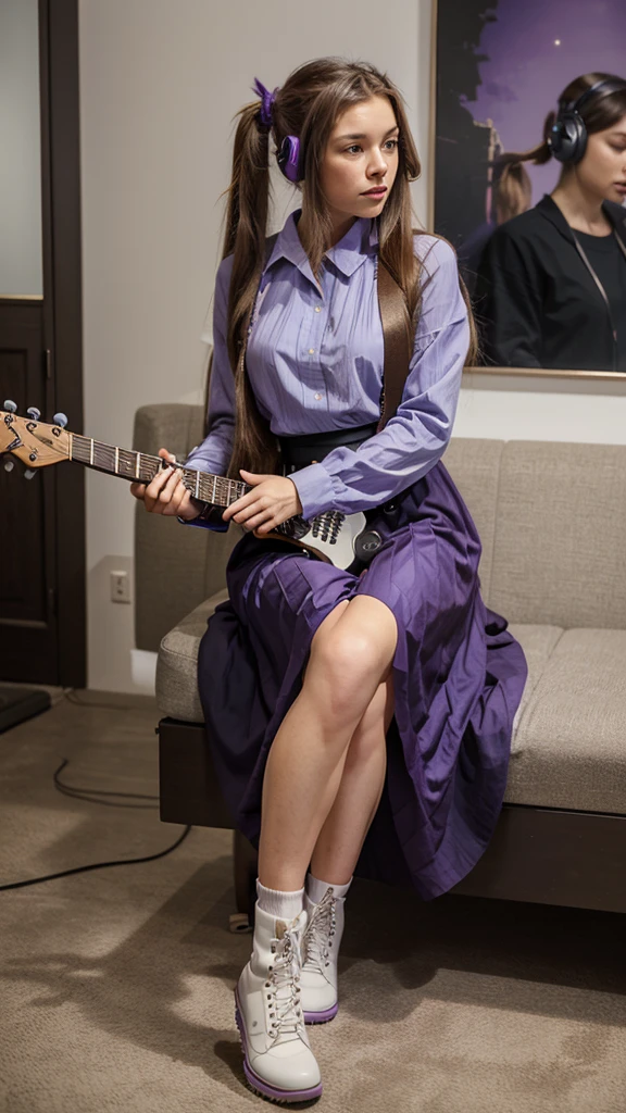 ((masterpiece, best quality))1girl, solo, fashion purple dress modern future, electric guitar, headphones, ponytail, holding, holding plectrum, instrument, very long brown hair rapunzel, music, one side up, teal hair, twin tails, playing guiter, pleated long skirt fashion, fashion dress modern purple and white, interior, full body, purple, sit down in modern retro classic chair, walking, jumping, beautiful boot modern, background simple art future