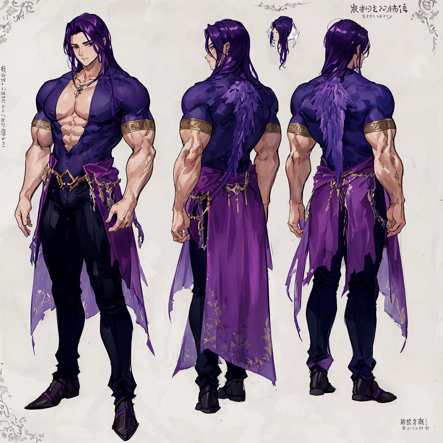 (Masterpiece, best quality), detailed, 1 man, ((character concept art)), ((character design sheet, same character, front, side, back)), full body, body complete, 1 Male, 1 Man, Detailed face, character design sheet，full bodyesbian, Highly detailed, character sheet, character design, Many parts, dark skin, angel wings, long purple hair, angel outfit, muscle male god, male clothes, masculine, muscle man, male muscle, manly, male angel, Muscle male with purple long hair，beautiful man