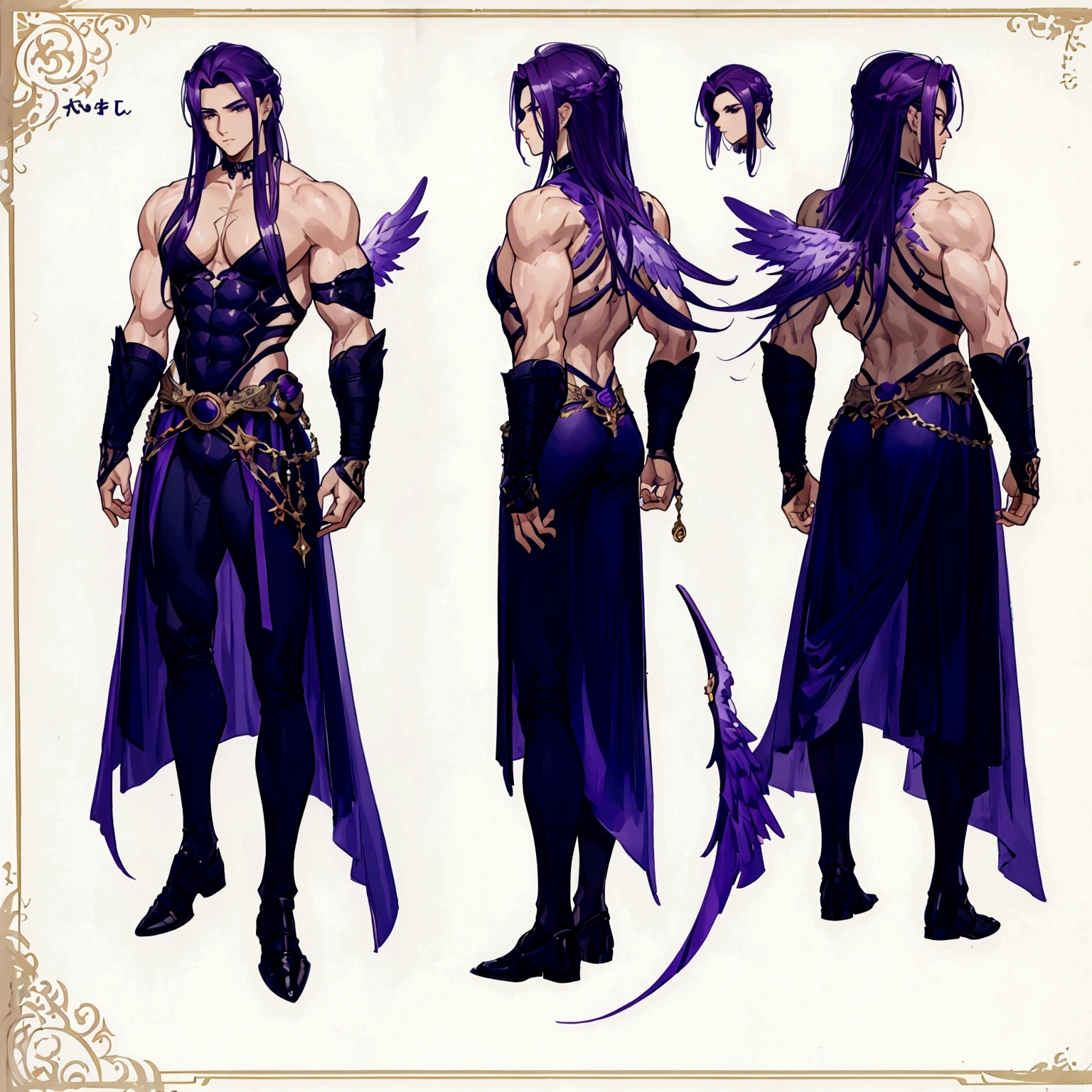 (Masterpiece, best quality), detailed, 1 man, ((character concept art)), ((character design sheet, same character, front, side, back)), full body, body complete, 1 Male, 1 Man, Detailed face, character design sheet，full bodyesbian, Highly detailed, character sheet, character design, Many parts, dark skin, angel wings, long purple hair, angel outfit, muscle male god, male clothes, masculine, muscle man, male muscle, manly, male angel, Muscle male with purple long hair，beautiful man