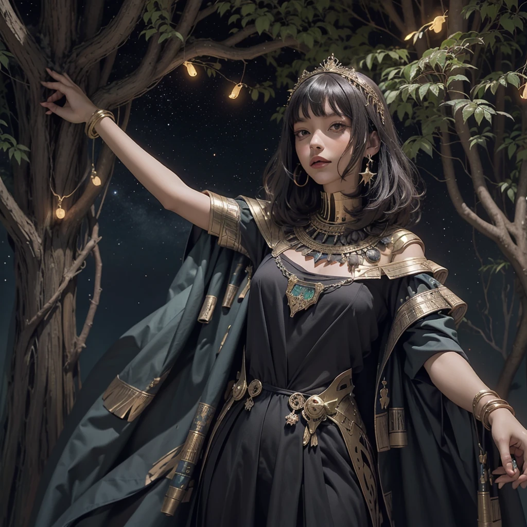 phoenixdress, enchanted forest with starry night and fireflies, 1woman, egypt, solo, dress,