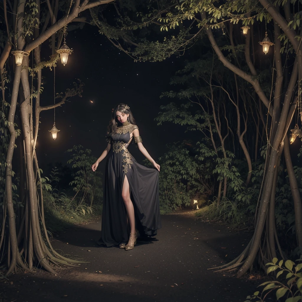 phoenixdress, enchanted forest with starry night and fireflies, 1woman, egypt, solo, dress,