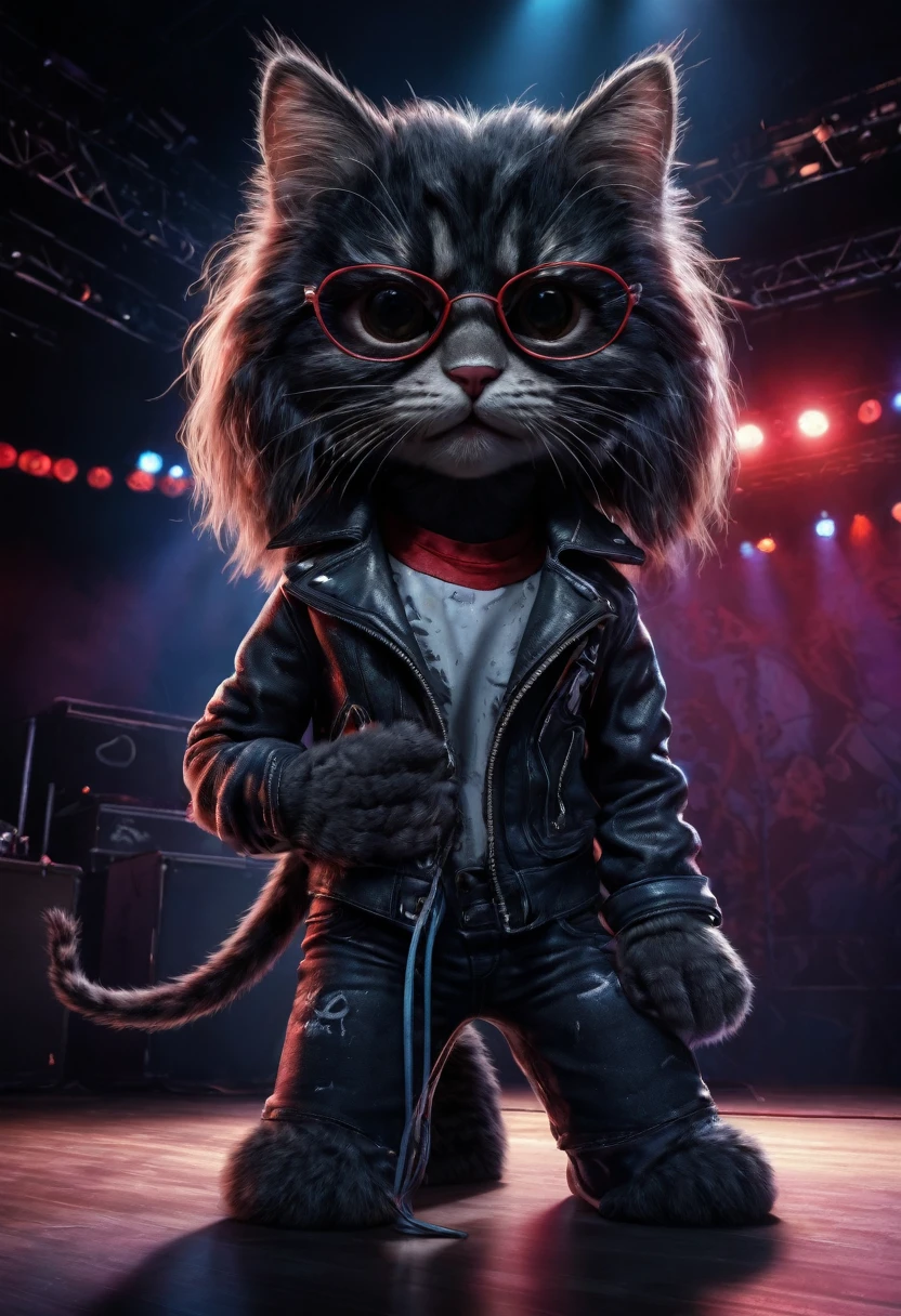 A anthropomorphic kitten fluffy cartoon digital painting 3d realistic with very long hair black with bangs, cover band Ramones, Joey Ramone singing with microphone in hand (black sunglasses with oval lenses red) digital painting 3d cosplay Ramones pants jeans, All Star shoes in the background concert stage with several lights blue, isometric view, Cinematic, Hyperrealistic, Backlit, Extremely low angle, Highly detailed, scaled down, Unrealistic rendering, 16K 
