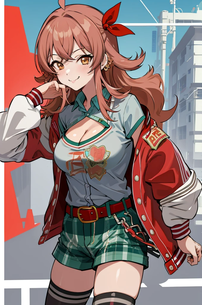 masterpiece, best quality, highres, aakaho, long hair, ahoge, hair ribbon, red ribbon, letterman jacket, long sleeves, armband, open jacket, collared shirt, grey shirt, red belt, green shorts, plaid, black thighhighs, street, walking, cowboy shot. :p,''(((gyaru))),big breasts,smirk,off shoulder,cleavage,earring