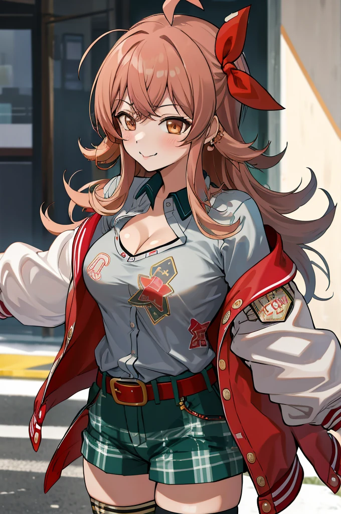 masterpiece, best quality, highres, aakaho, long hair, ahoge, hair ribbon, red ribbon, letterman jacket, long sleeves, armband, open jacket, collared shirt, grey shirt, red belt, green shorts, plaid, black thighhighs, street, walking, cowboy shot. :p,''(((gyaru))),big breasts,smirk,off shoulder,cleavage,earring