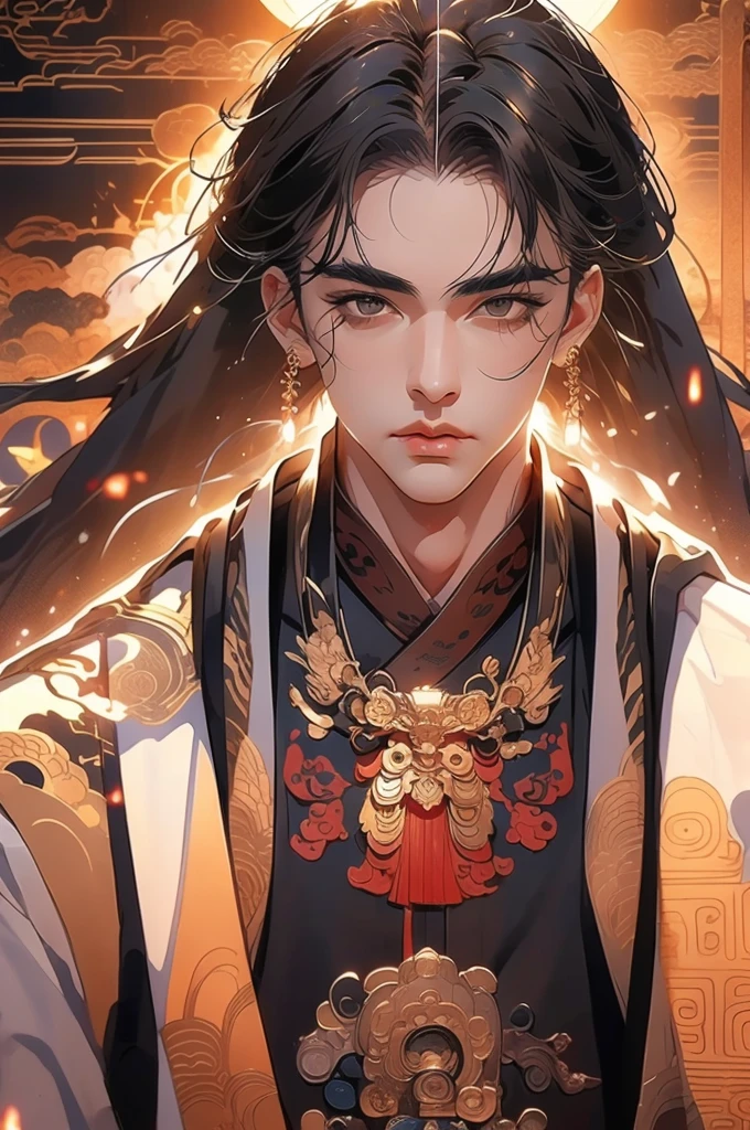 a man in a black robe, young and handsome man, ponytail, long hair, ancient Chinese clothing, qi, a huge saber, ancient Chinese buildings in the background, night, powerful character, purple rays, a beautiful landscape. Detailed face, thick eyebrows, black eyes, thin lips, 8k, robe embroidered with gold edges, detailed clothing, xianxia, ​​world of cultivation.