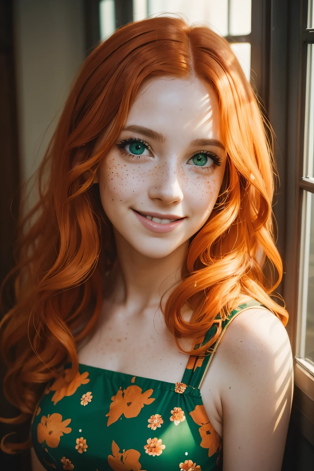 masterpiece portrait of a woman in Montreal at dawn, long hair, cute orange curly hair, smile, green eyes, freckles, floral print, dress, dawn, neon, rays of light, caustic, lens reflection, ((solo)), ishmael_limbus