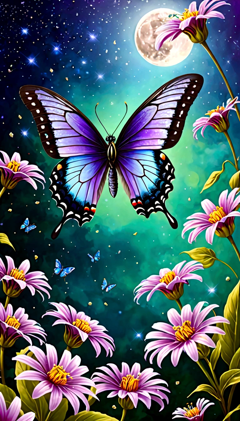 The background is greenblue,moon light,All expressed with jewels, the arrival of spring, various beautiful flower
, Beautiful purple swallowtail butterfly,angles looking up from below, various jewels falling from the sky, wonderful and beautiful superb view, slightly hazy, fantastic, high resolution, 8K, (best quality, highres, realistic:1.37), shiny metallic flowers, intricate and delicate petals, reflective surfaces, vibrant colors, intricate details, close-up view, surreal garden, surreal beauty, dreamy atmosphere, fine art, abstract botanicals, metallic sculpture, contrasting textures, ethereal glow