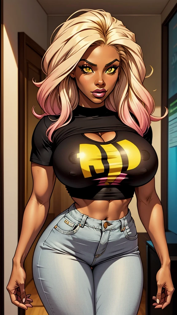 Brazilian ebony girl, dark skin.tight pink jean pants, gray blouse. long straight yellow hair. busty. Most beautiful woman in the world. Comic style. Dark skin