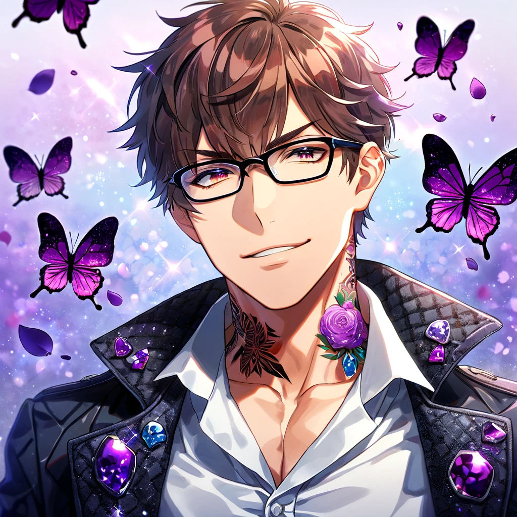 Ultra detailed, Highres, absurdres, HDR, Miyuki Kazuya, brown hair, expressive amber eyes, black glasses, black coat with patterns, Diamond No Ace, white shirt, fantasy, glittering purple butterflies, petals, handsome, sexy man, solo, very detailed eyes and face, master piece, toned chest, glittering, purple flowers, smirking, tattoo on his neck, purple background