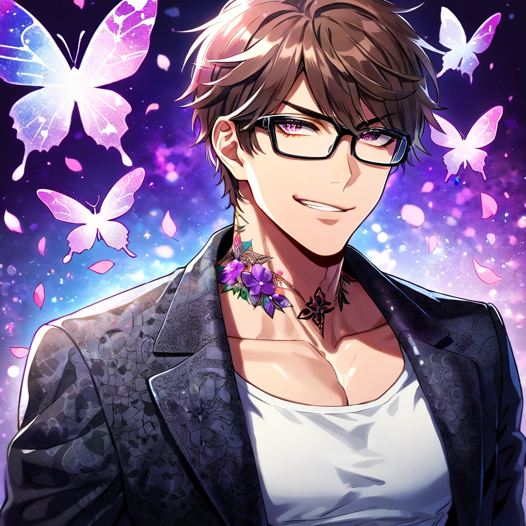Ultra detailed, Highres, absurdres, HDR, Miyuki Kazuya, brown hair, expressive amber eyes, black glasses, black coat with patterns, Diamond No Ace, white shirt, fantasy, glittering purple butterflies, petals, handsome, sexy man, solo, very detailed eyes and face, master piece, toned chest, glittering, purple flowers, smirking, tattoo on his neck, purple background