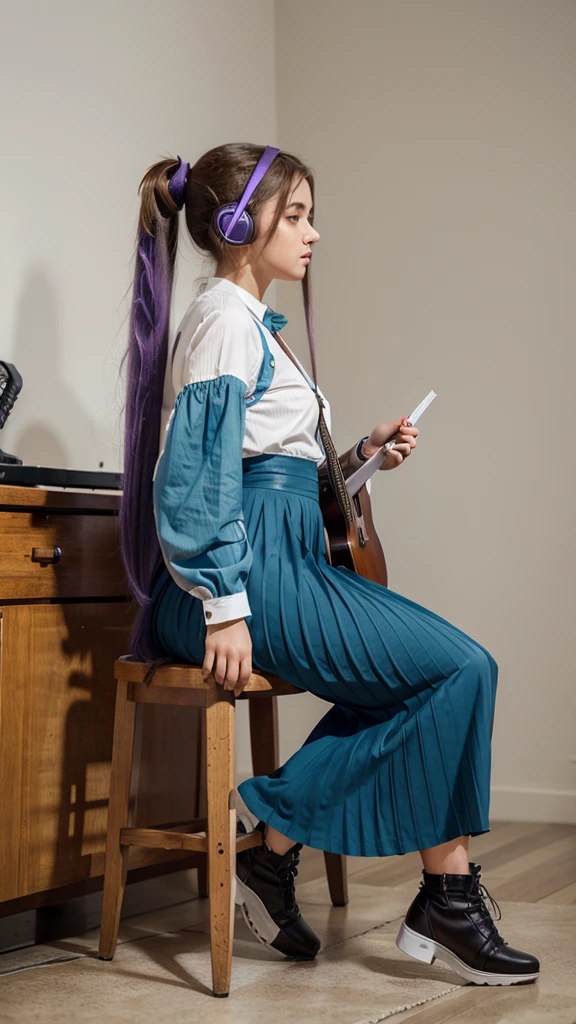 ((masterpiece, best quality))1girl, solo, fashion purple dress modern future, electric guitar, headphones, ponytail, holding, holding plectrum, instrument, very long brown hair rapunzel, music, one side up, teal hair, twin tails, playing guiter, pleated long skirt fashion, fashion dress modern purple and white, interior, full body, purple, sit down in modern retro classic chair, walking, jumping, beautiful boot modern, background simple art future