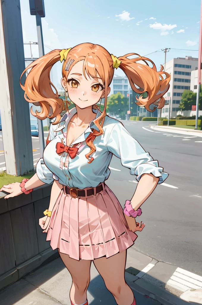 masterpiece, best quality, highres, 1girl, anjou naruko, hairclip, large breasts, , sleeves rolled up, wrist scrunchie, belt, white shirt, red skirt, socks, twintails, standing, outdoors, smile,'(((Gyaru)))