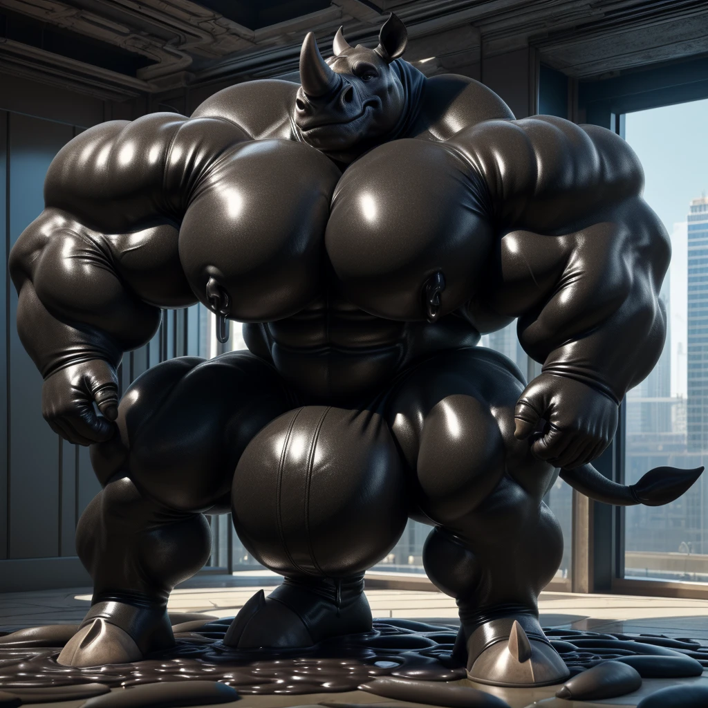 solo, male, , , ,  (hyper pecs:1.2), （long thick thighs:1.5）, standing, indoor,，(，,(,solo,very hyper muscles:1.3)((, Huge bulge：1.3))）（corruption)), black glowing liquid，（((liquid_latex, , rubber:1.2)，,black latex，goo transformation，(gooey)()(l），unreal engine,perfect light，detailed, photorealistic, 4k, hd, , , , good anatomy, , (), ,, high quality, best quality, concept art, photorealistic,rhino，City，High-rise，noodle