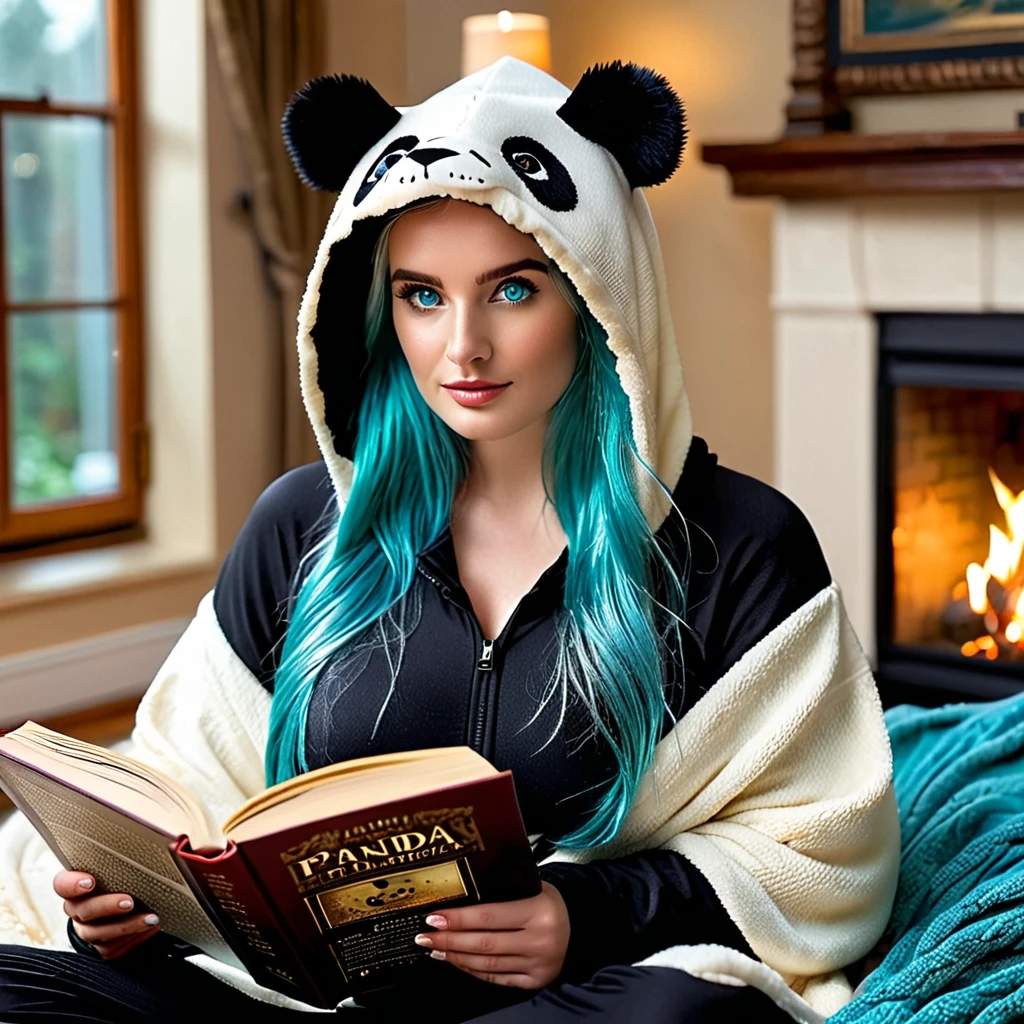 Generate a (hyperdetailed, realistic, Full Body), photo of Nia, (((turquoise color eyes))), (((long, silky, straight, Ombre blend of shimmering silver and celestial blue hair))), (((Position Nia with her long, silky hair styled in a Soft, loose waves hairstyle, strands framing her face delicately))), (fair skin:1.4), (((Large round natural breasts with deep cleavage))), (Large Breasts:1.6), (Greek and Russian mix ethnicity), (hourglass figure, perfect body, NSFW, perfect anatomy, masterpiece, best quality). (((She is wearing a skin tight Black and White Panda hoodie with Black Pajamas, the soft fabric complementing her curves))). Nia is lounging sideways on the bean bag, her body slightly curled up with her legs tucked under her. The panda hood is up, emphasizing the adorable panda ears. She's holding the mythology book with one hand while the other props up her head, her eyes focused intently on the pages. The soft, warm light from the fireplace illuminates her relaxed expression and the room's cozy details, such as a knitted throw blanket draped over the nearby armchair and the flickering shadows on the wall. She is wearing a skin tight Black and White Panda hoodie with Black Pajamas. 8k, (Fit, Athletic, Tall), (Large Breasts), (Highly detailed facial and skin texture), (Best quality, ultra detailed, Golden ratio, Masterpiece:1.2), (Theatrical lighting:0.7, Perfect rare face), (Highly detailed skin), skin texture, Pale skin, shiny skin, (thin, large size:1.2), [:(Sharp focus on rare face, perfect eyes:1.2):0.2], hyperdetailed photography, UHD, realistic skin texture, shot with Canon EOS 5D Mark IV and Canon EF 50mm f/1.4 USM lens, highly detailed.
