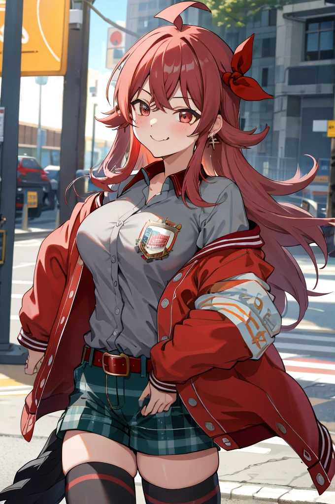 masterpiece, best quality, highres, aakaho, long hair, ahoge, hair ribbon, red ribbon, letterman jacket, long sleeves, armband, open jacket, collared shirt, grey shirt, red belt, green shorts, plaid, black thighhighs, street, walking, cowboy shot. :p,'',big breasts,smirk,off shoulder,cleavage,earring