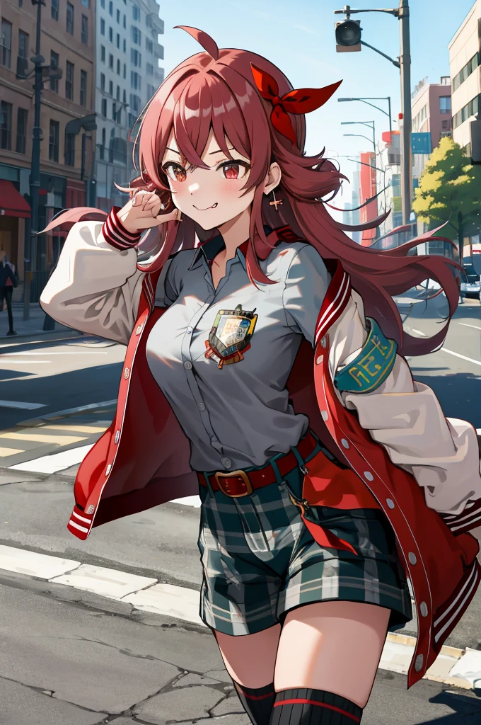 masterpiece, best quality, highres, aakaho, long hair, ahoge, hair ribbon, red ribbon, letterman jacket, long sleeves, armband, open jacket, collared shirt, grey shirt, red belt, green shorts, plaid, black thighhighs, street, walking, cowboy shot. :p,'',big breasts,smirk,off shoulder,cleavage,earring