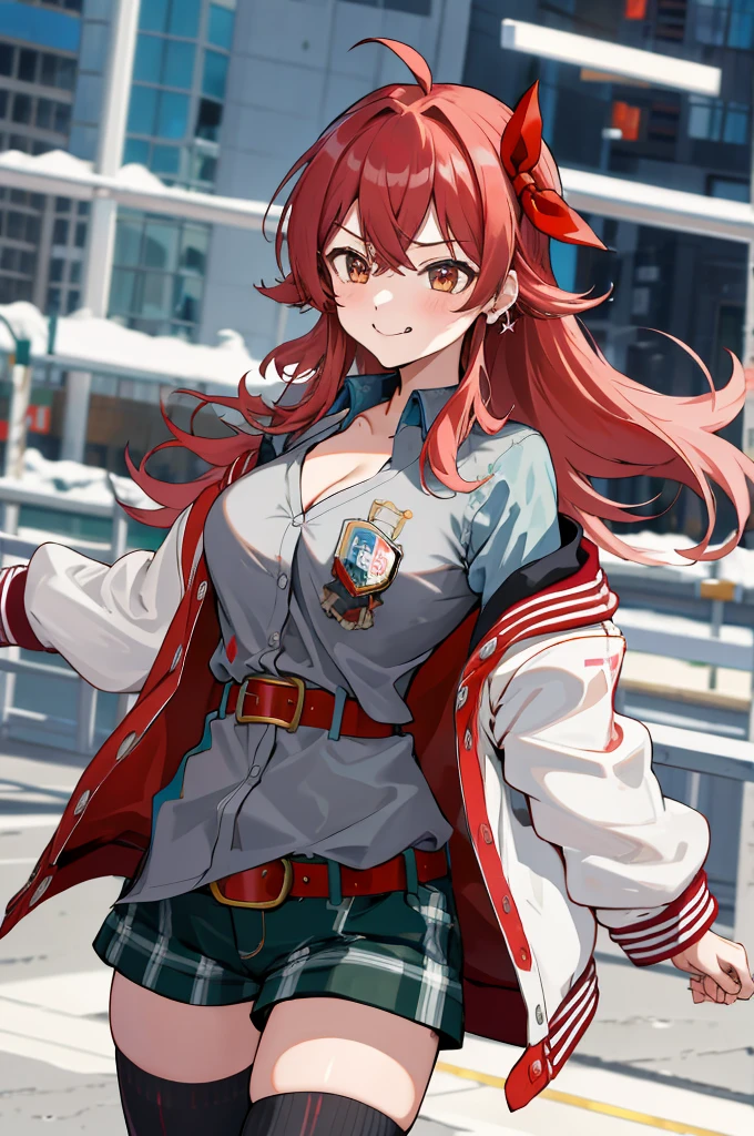 masterpiece, best quality, highres, aakaho, long hair, ahoge, hair ribbon, red ribbon, letterman jacket, long sleeves, armband, open jacket, collared shirt, grey shirt, red belt, green shorts, plaid, black thighhighs, street, walking, cowboy shot. :p,'',big breasts,smirk,off shoulder,cleavage,earring
