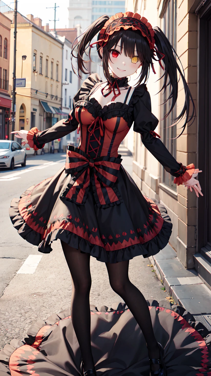 masterpiece, The best quality、street、Put your arms behind your back、Black Hair, Long twin tails bunches, (Yellow eyes:1.2), Heterochromia iridum, (Red Eyes:1.2),Tokisaki Kurumi、Smile,Gothic Lolita Clothing Accessories、victorian maid tiara、Black Ribbon、Shut up、Gothic Lolita Clothing Accessories