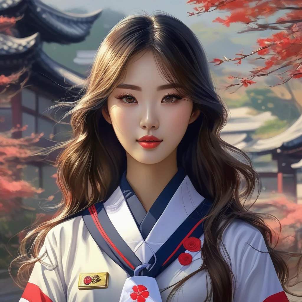 Korean girl, long hair, wearing japan uniform, poses to camera, digital painting