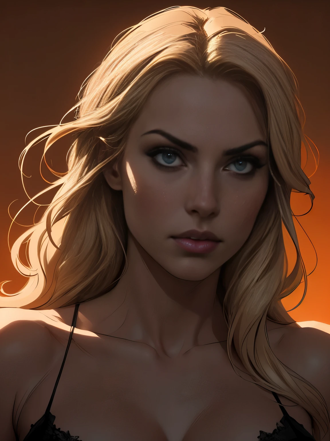 a gorgeous woman in a full shot sketch, blonde hair, solid orange  background, shades of grey sketch, ultra detailed, masterpiece, portrait, elegant, beautiful, delicate, cinematic lighting, dramatic pose, dynamic composition, moody atmosphere
