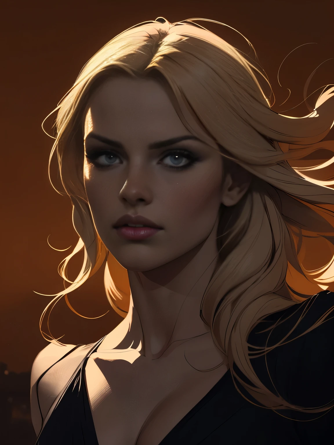 a gorgeous woman in a full shot sketch, blonde hair, solid orange background, shades of grey sketch, ultra detailed, masterpiece, portrait, elegant, beautiful, delicate, cinematic lighting, dramatic pose, dynamic composition, moody atmosphere