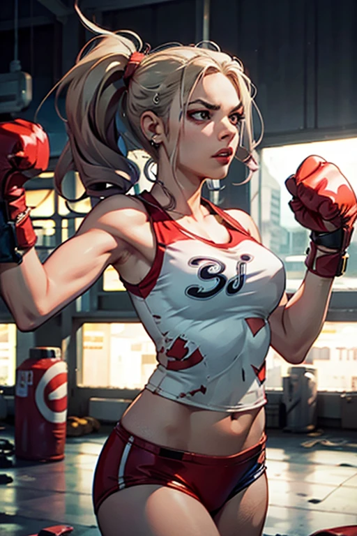 woman fighter in fighting pose expression of anger, boxing gloves, sleeveless shirt.