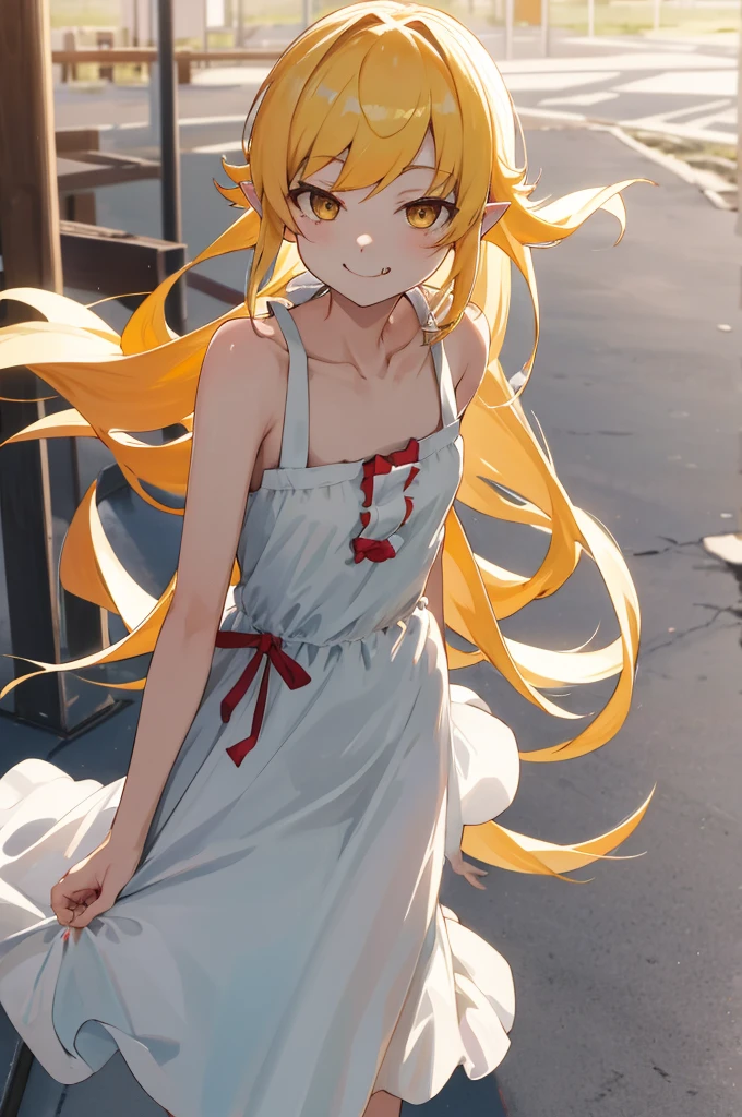 masterpiece, best quality, highres, aashinobu, aged down, long hair, pointy ears, white dress, standing, cowboy shot, smile, fang, outdoors,