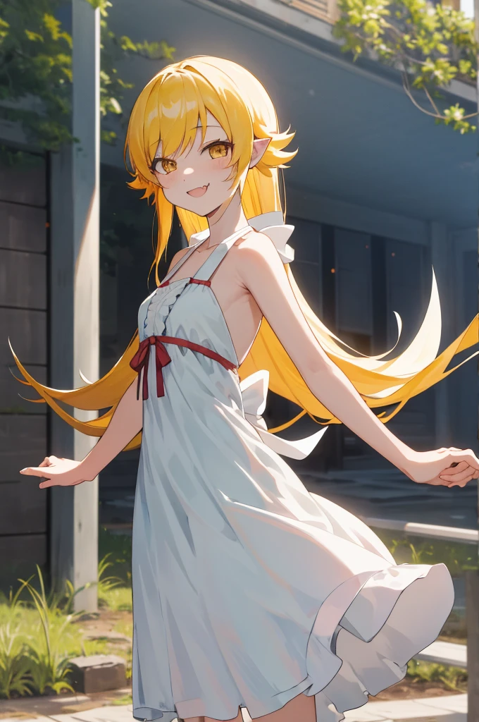 masterpiece, best quality, highres, aashinobu, aged down, long hair, pointy ears, white dress, standing, cowboy shot, smile, fang, outdoors,