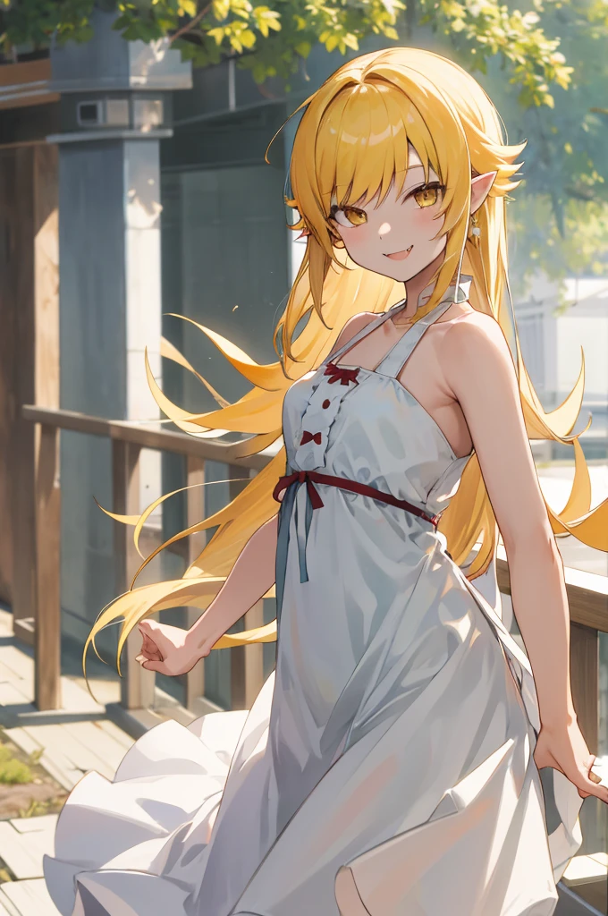 masterpiece, best quality, highres, aashinobu, aged down, long hair, pointy ears, white dress, standing, cowboy shot, smile, fang, outdoors,