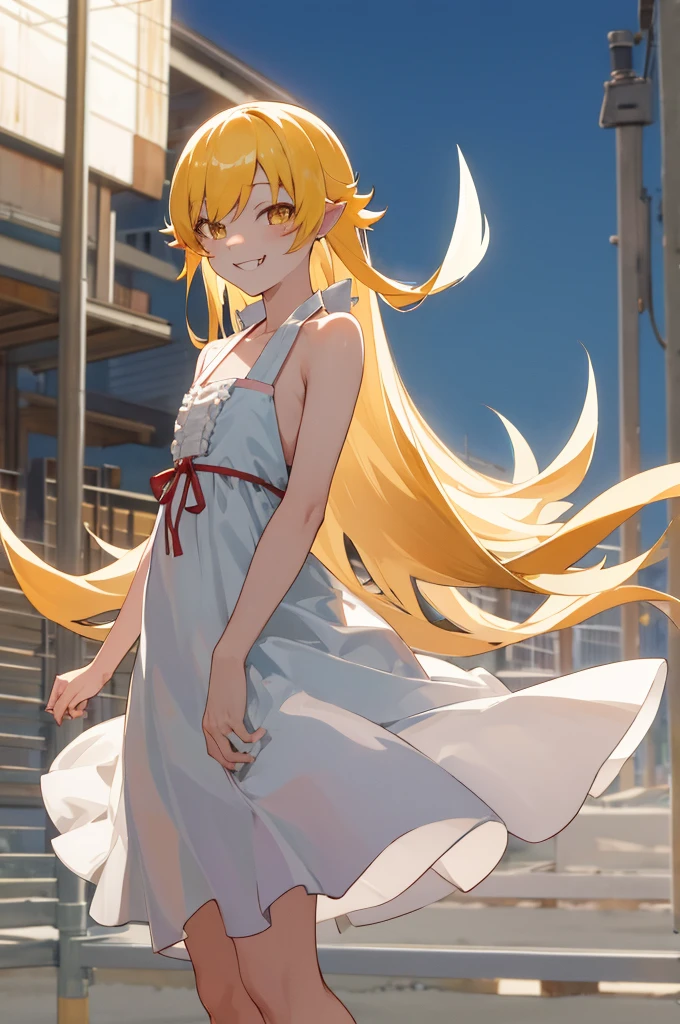 masterpiece, best quality, highres, aashinobu, aged down, long hair, pointy ears, white dress, standing, cowboy shot, smile, fang, outdoors,